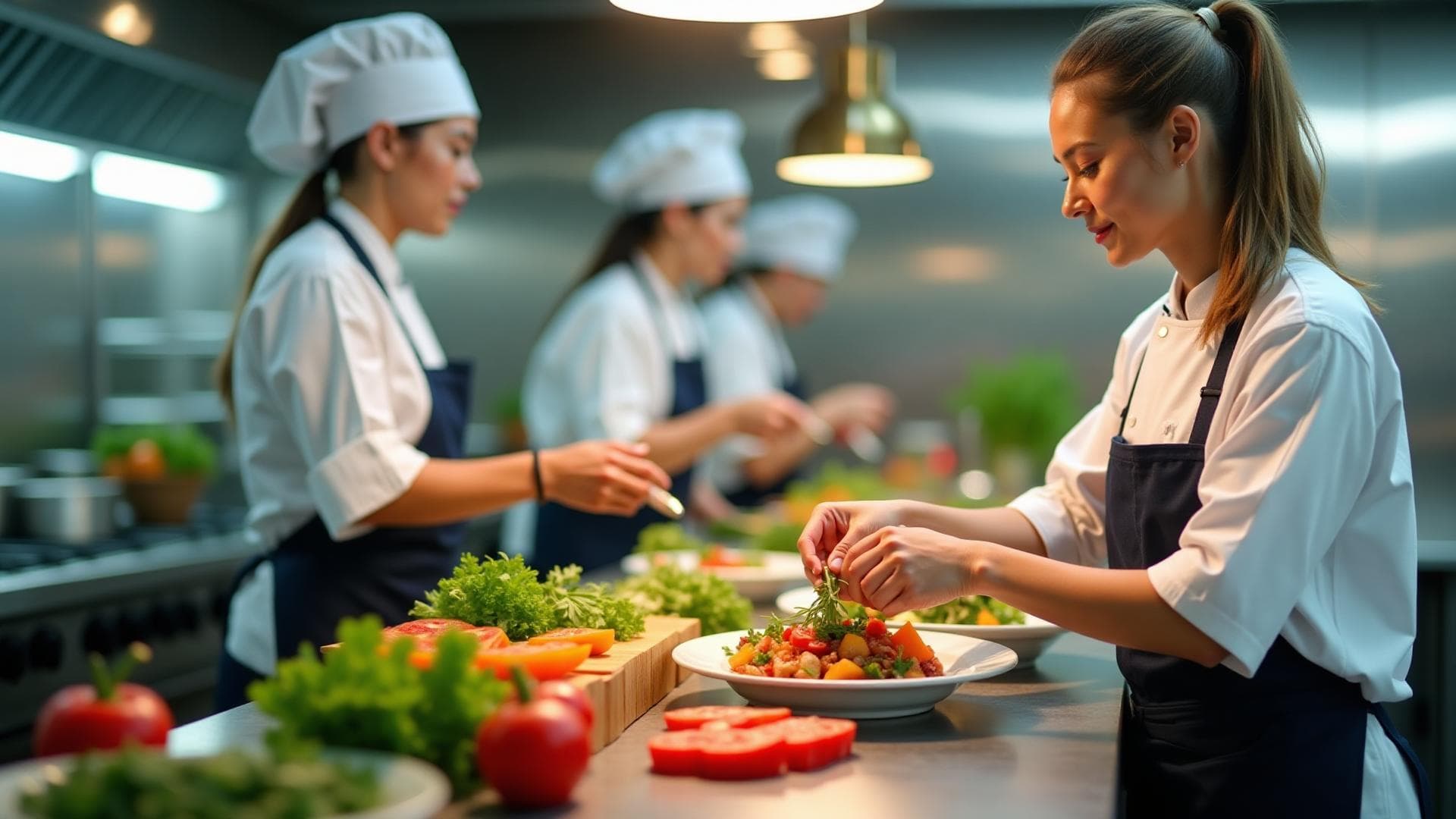 Professional kitchen preparing fresh dishes